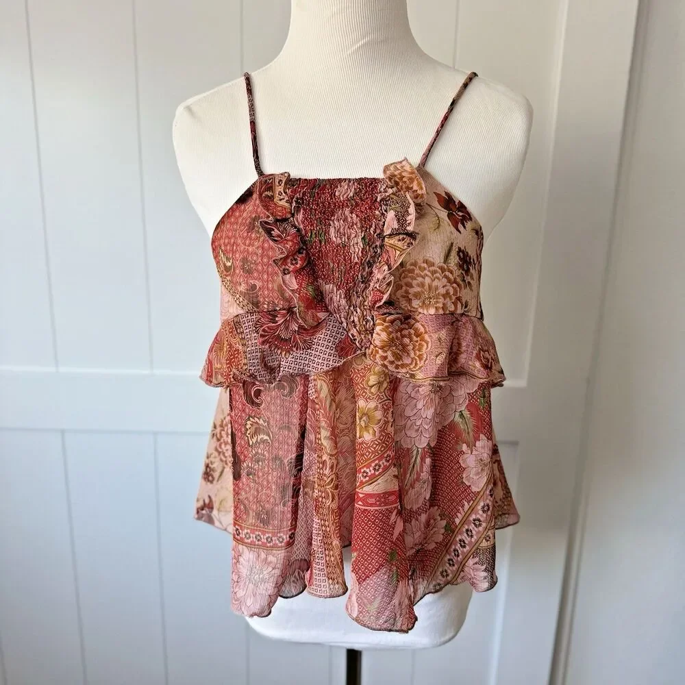 Patchwork Floral Ruffle Tiered Cami Top S MNG Mango Boho Smocked Peplum Summer - Picture 1 of 16